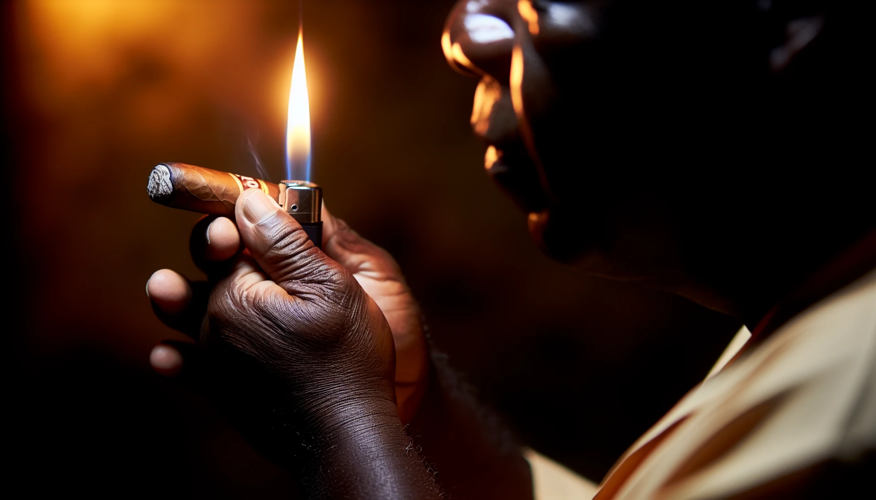 A person holding and lighting an AJ Fernandez Días de Gloria Toro cigar