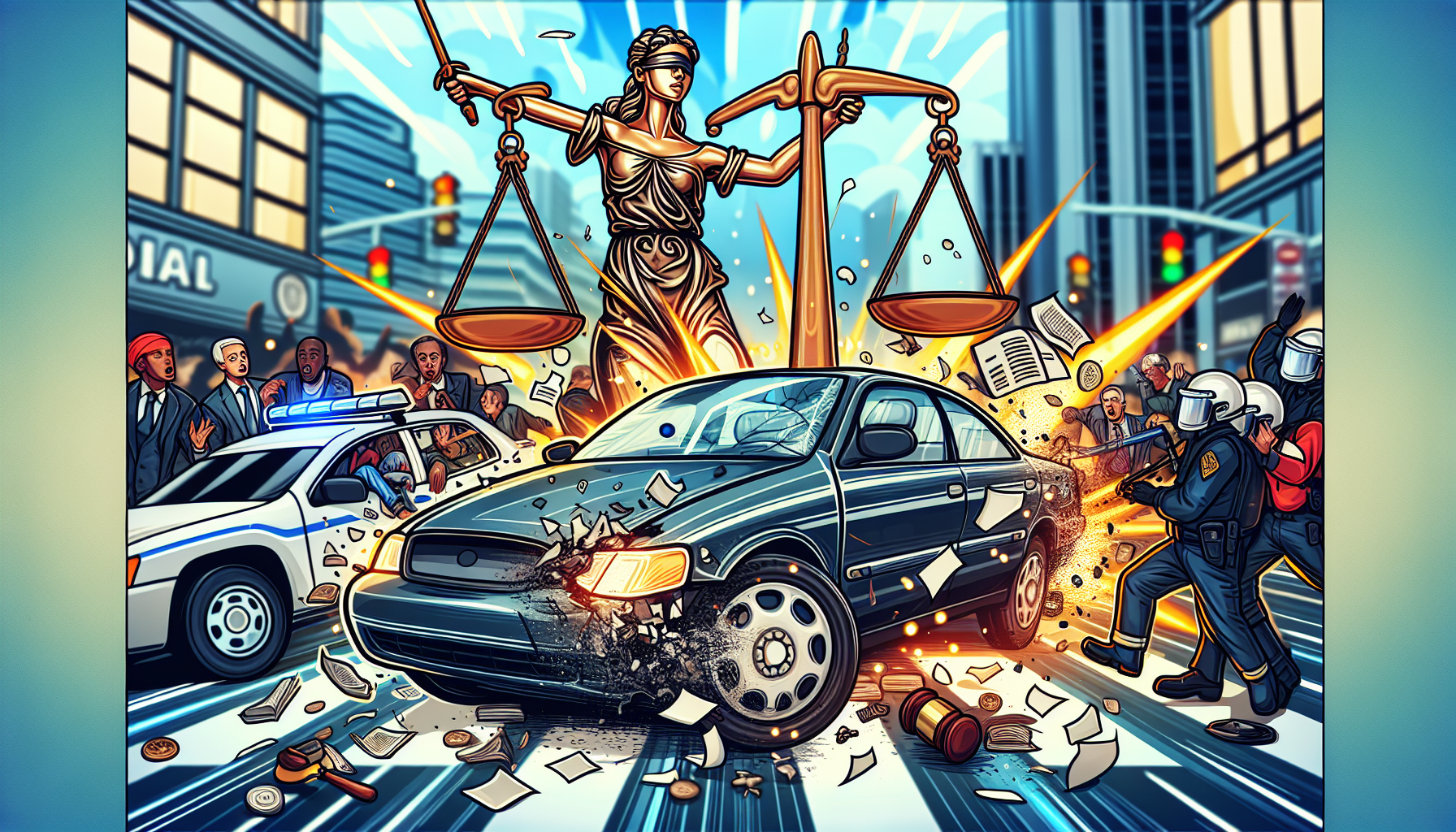 An illustration depicting the concept of liability in rideshare accidents, with a blurred Uber car in the background.