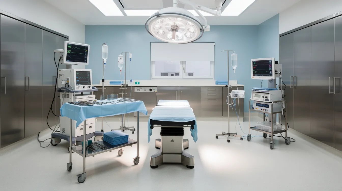 The image depicts a clean and organized surgical suite, featuring bright overhead lighting and a surgical table that is meticulously prepared for a procedure. This environment is essential for conducting major surgeries such as a tummy tuck or panniculectomy, where excess skin is removed to enhance the abdominal area.