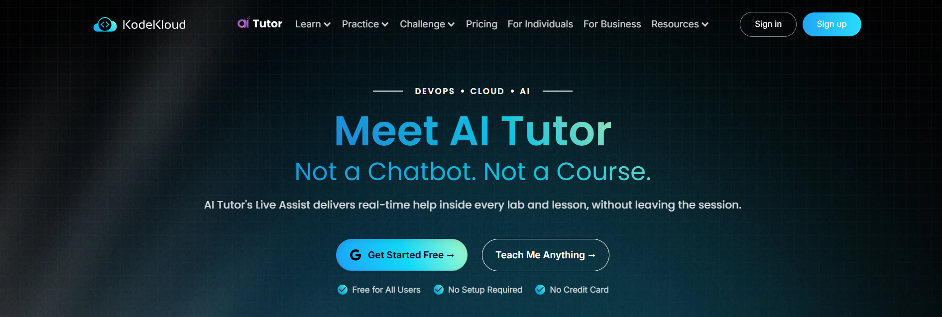 Homepage of a cloud and DevOps learning platform featuring AI-assisted hands-on labs, interactive technical training, and real-time learning support.