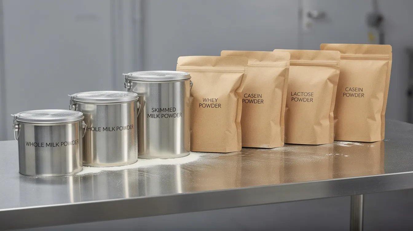c7f0fce5 fb7b 421d b4db 35b334332fd3 The image showcases various dairy powder products, including whey protein concentrate and whey protein isolate, stored in stainless steel containers and kraft paper bags on an industrial table, highlighting the manufacturing process of whey protein in a whey protein manufacturing plant. The setup emphasizes the importance of quality control and raw material requirements in the whey protein industry.