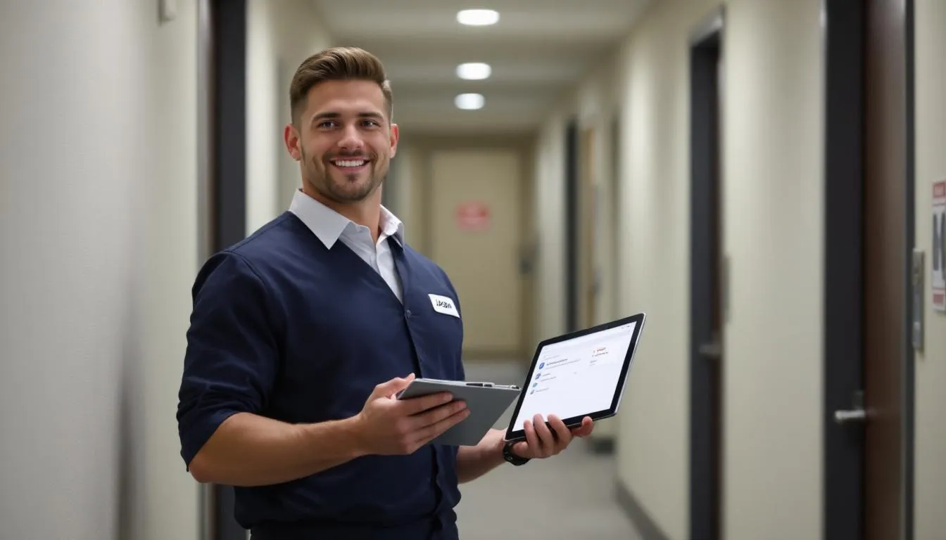 A hotel staff member is seen using a tablet to efficiently manage room assignments and housekeeping tasks, showcasing the integration of hotel management software for streamlined operations and enhanced guest experiences. This scene highlights the importance of operational efficiency in the hospitality industry, ensuring guest satisfaction and maximizing revenue.