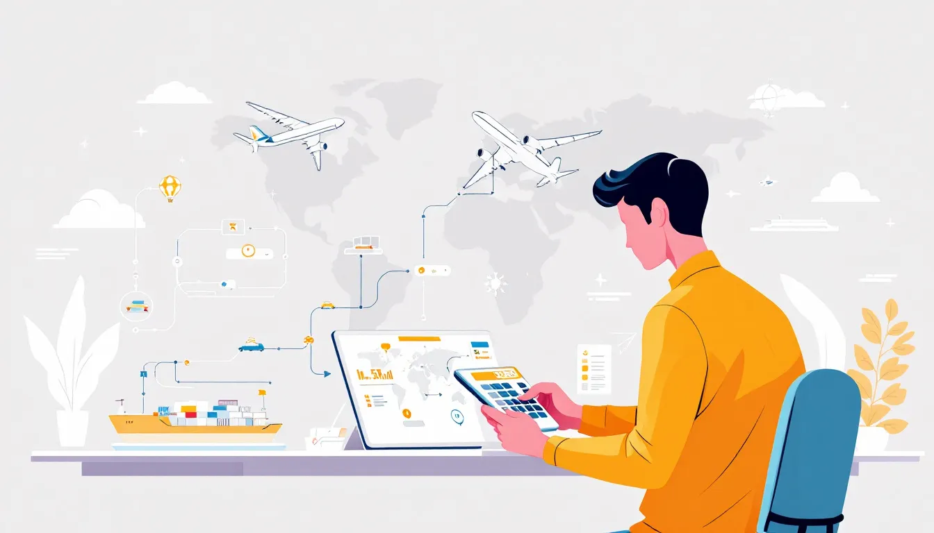 A person comparing shipping costs using a calculator and shipping labels.