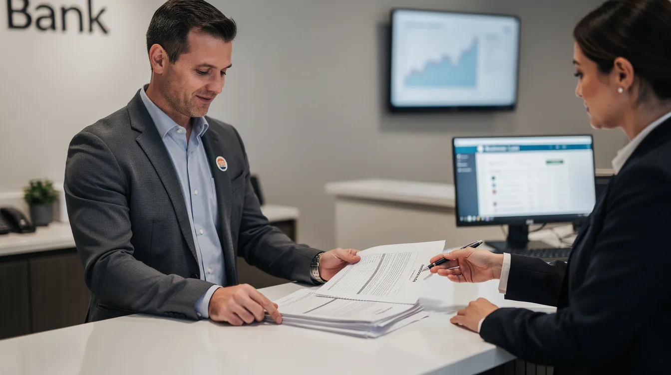 c7f594fa 69ca 452a a2e8 6db2c41563d1 The image depicts a small business owner, a man in formal attire, seated at a bank counter, intently reviewing loan documents. He appears focused and engaged, suggesting he is assessing the terms of a mudra loan to support his micro enterprise, potentially utilizing competitive interest rates and financial assistance from a lending institution.