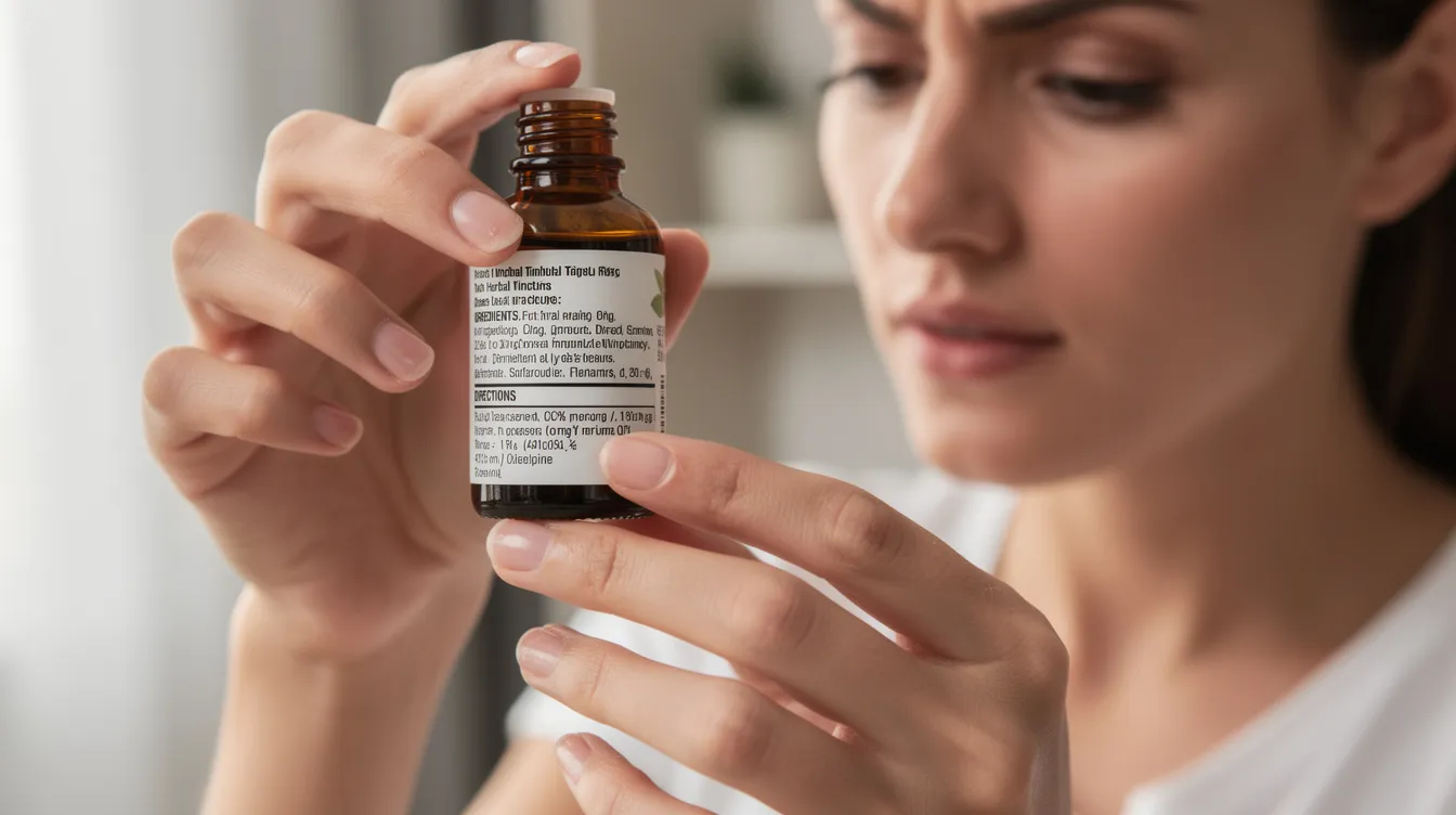 A person is intently examining the label on a small brown tincture bottle, which likely contains hemp derived delta 8 THC or other hemp derived cannabinoids. The setting suggests a focus on understanding the legal status and potential benefits of cannabis products, particularly in relation to Rhode Island law.