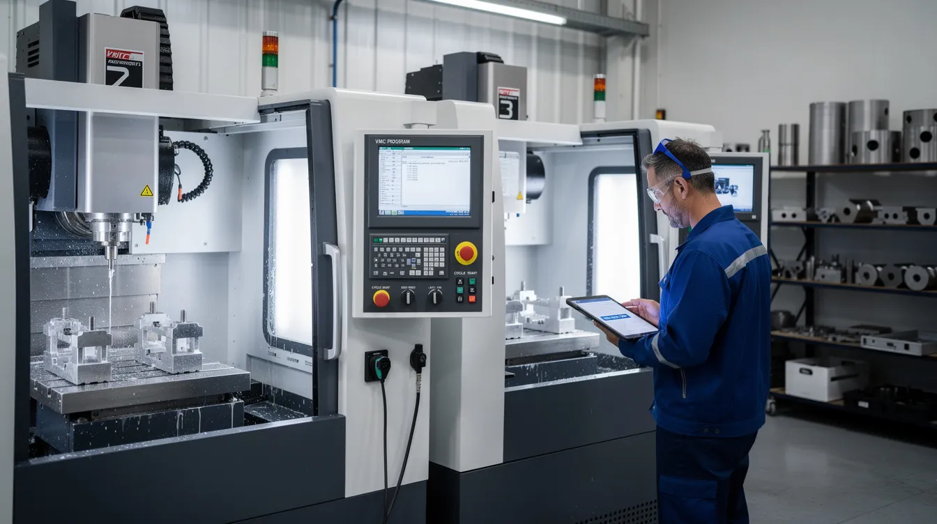 The image features a CNC mill machine equipped with vertical machining centers, showcasing its capabilities for precision machining of functional parts. The machine is designed for efficiency, offering longer tool life and faster cycle times, making it an excellent choice for production in a workshop setting.