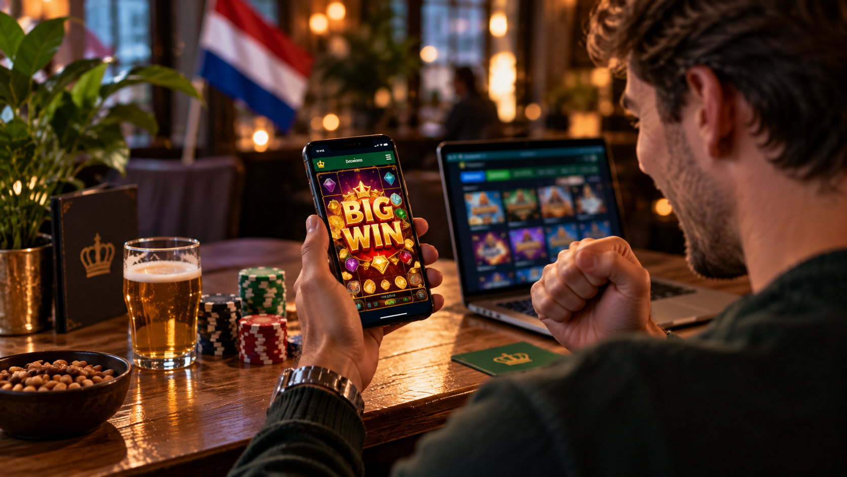 Online casinospel op mobiel met een grote winstmelding, fiches en casinoplatform op laptop.