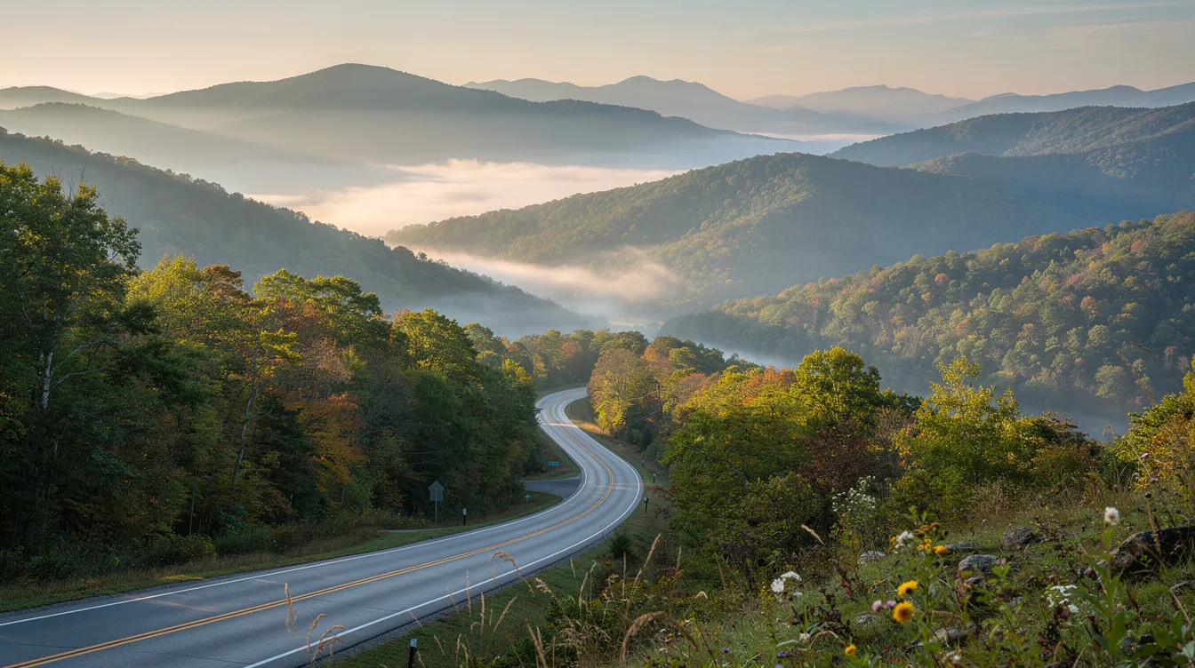 The image depicts the breathtaking landscape of the Great Smoky Mountains, featuring a winding road that leads into lush, forested hills under a clear blue sky. This serene scene contrasts sharply with the urgent atmosphere of an emergency room, where medical professionals strive to provide competent care amidst the challenges of emergency room errors and medical negligence.
