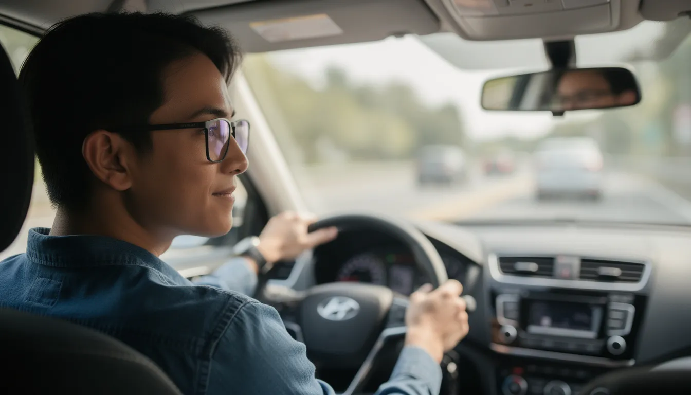 Een persoon rijdt in een auto met een nieuwe multifocale bril, waardoor hij scherp zicht heeft op de weg en zowel dichtbij als veraf goed kan zien. De multifocale brillenglazen zorgen voor een heldere kijkervaring zonder dat hij hoeft te wisselen tussen verschillende brillen.