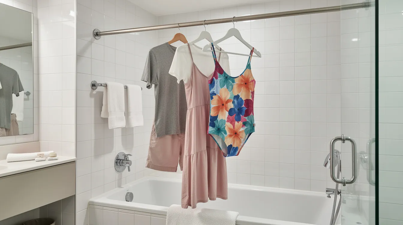 In a clean hotel bathroom, a shower rod displays a mix of clothes and a swimsuit, indicating a neat way to air out dirty laundry. This setup suggests an efficient method for managing clean and dirty clothes while traveling, especially in limited space.