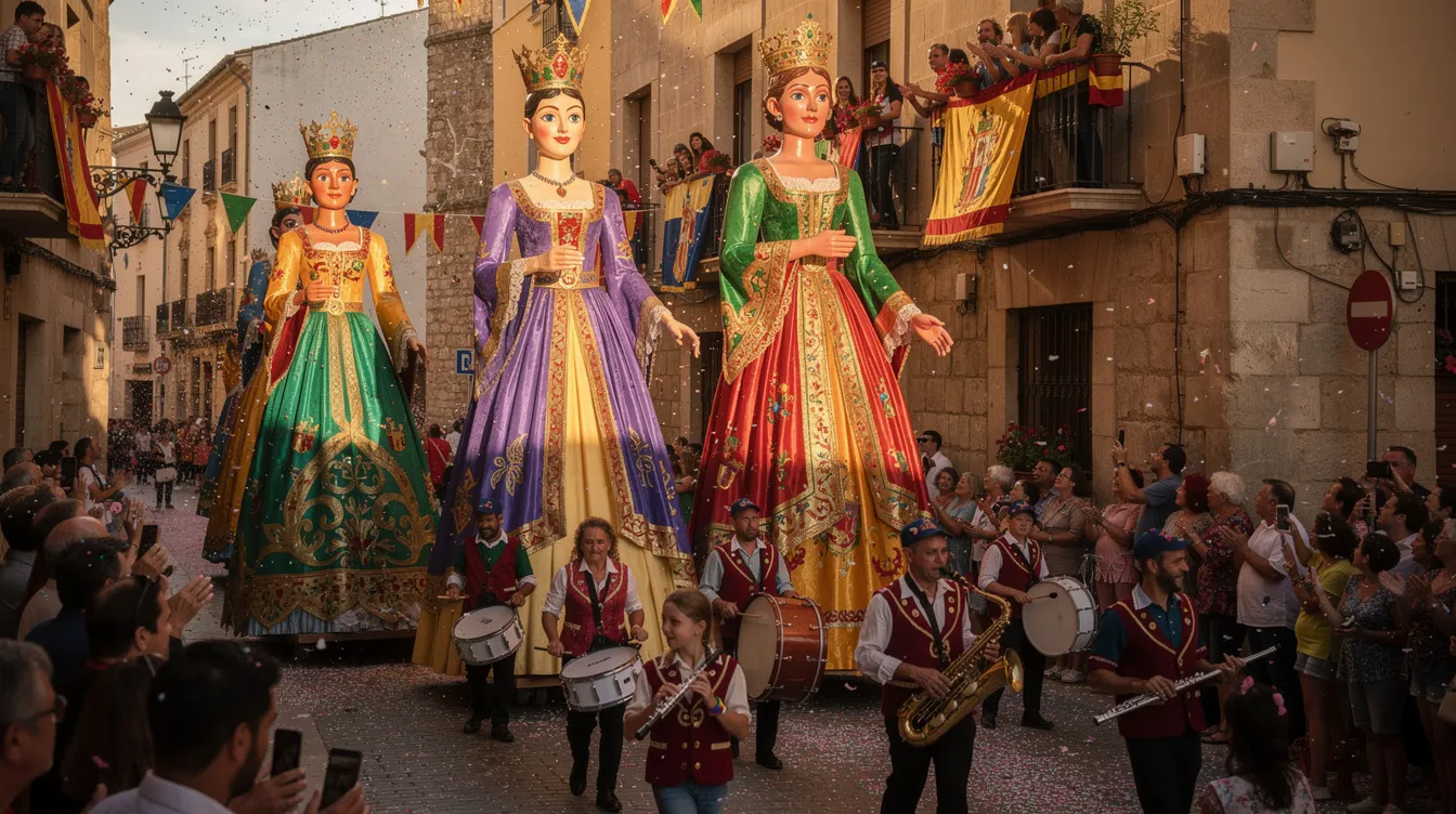 Prcesion de cabzudos en Pamplona Un grupo de gigantes coloridos desfilan por una calle de Pamplona, rodeados de músicos y una multitud emocionada que celebra las fiestas de San Fermín. En el fondo se puede ver el ayuntamiento, mientras el ambiente festivo se llena de alegría y tradición.