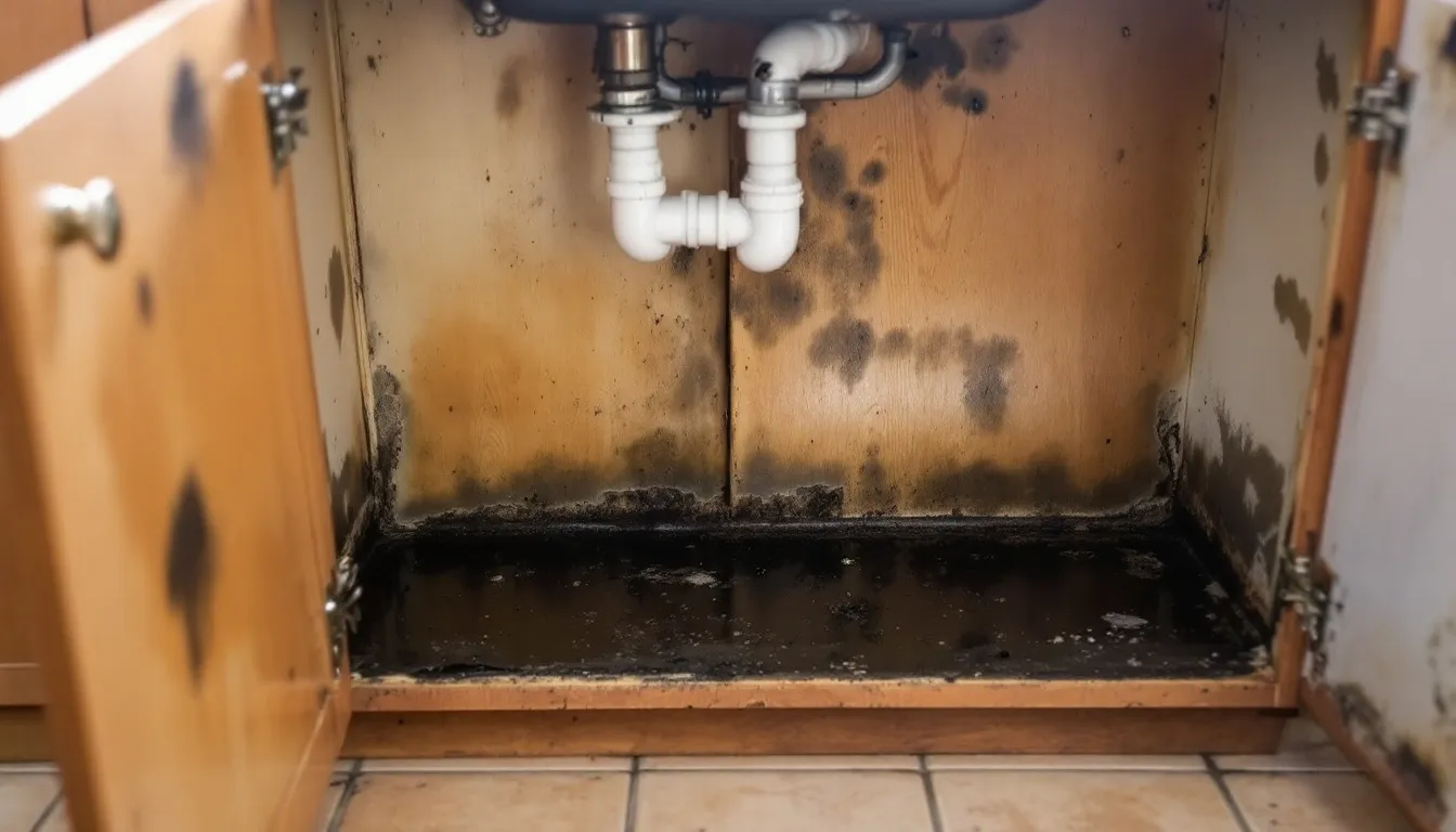 The image depicts significant water damage under a kitchen sink, showcasing a warped cabinet floor that indicates potential health hazards and the need for a kitchen remodel. This damage may impact the overall functionality and design style of the kitchen, making it essential for homeowners to consider renovations for improved space and value.