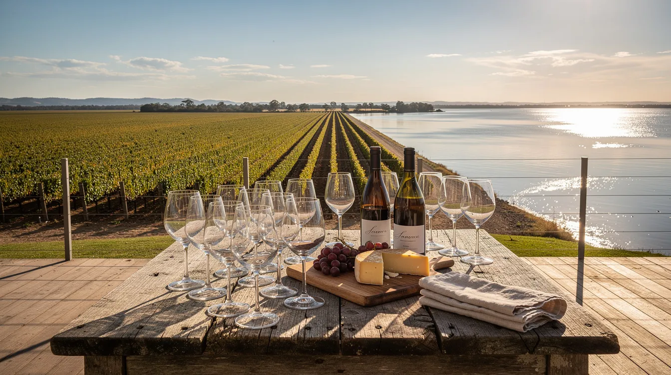 A rustic outdoor tasting table adorned with wine glasses offers a picturesque view of flat vineyard rows stretching towards the Sacramento River Delta. This scenic setting in Clarksburg wine country invites guests to enjoy delicious wines while surrounded by the natural beauty of the region.