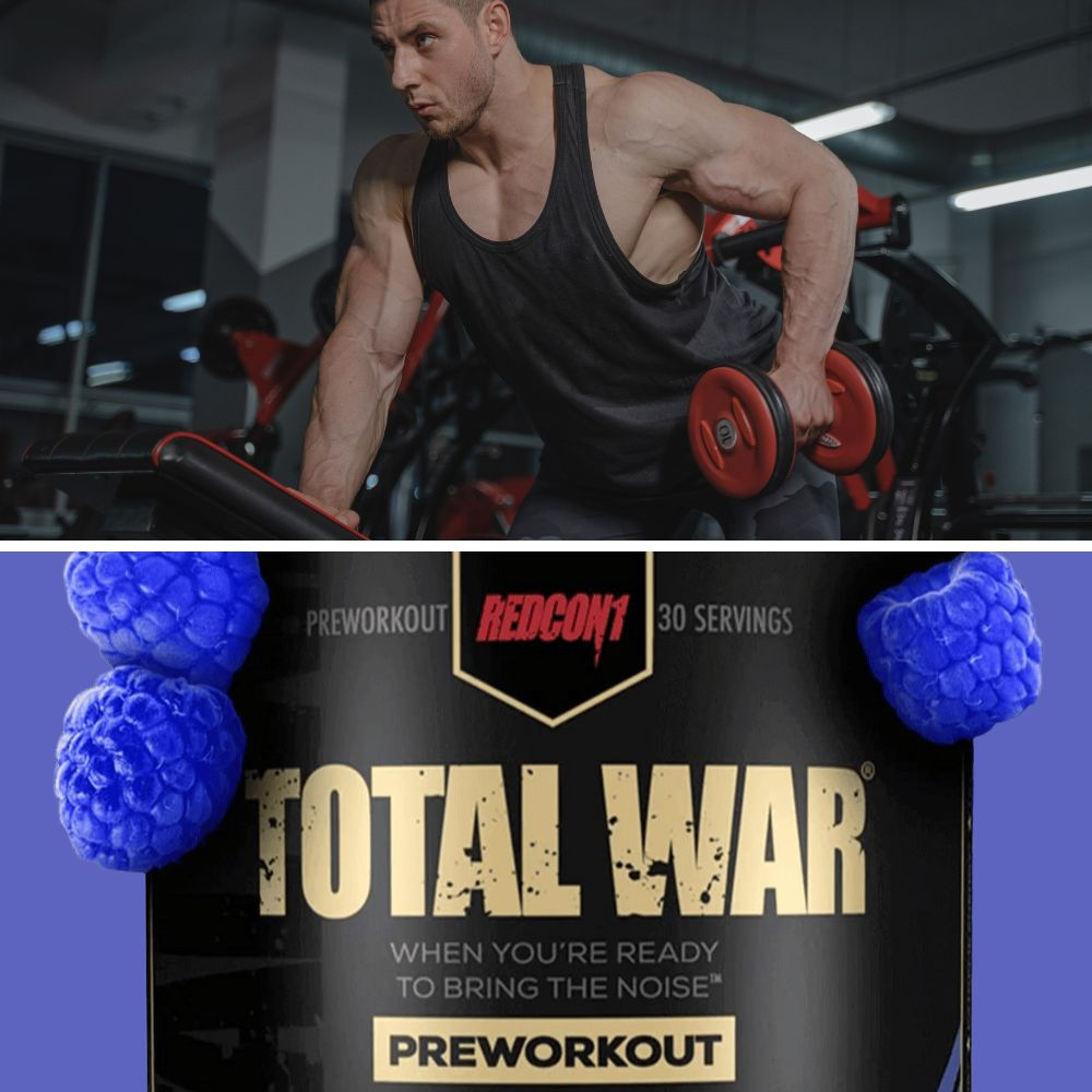 A person lifting weights in a gym with a can of Total War Pre-Workout energy drink in the background