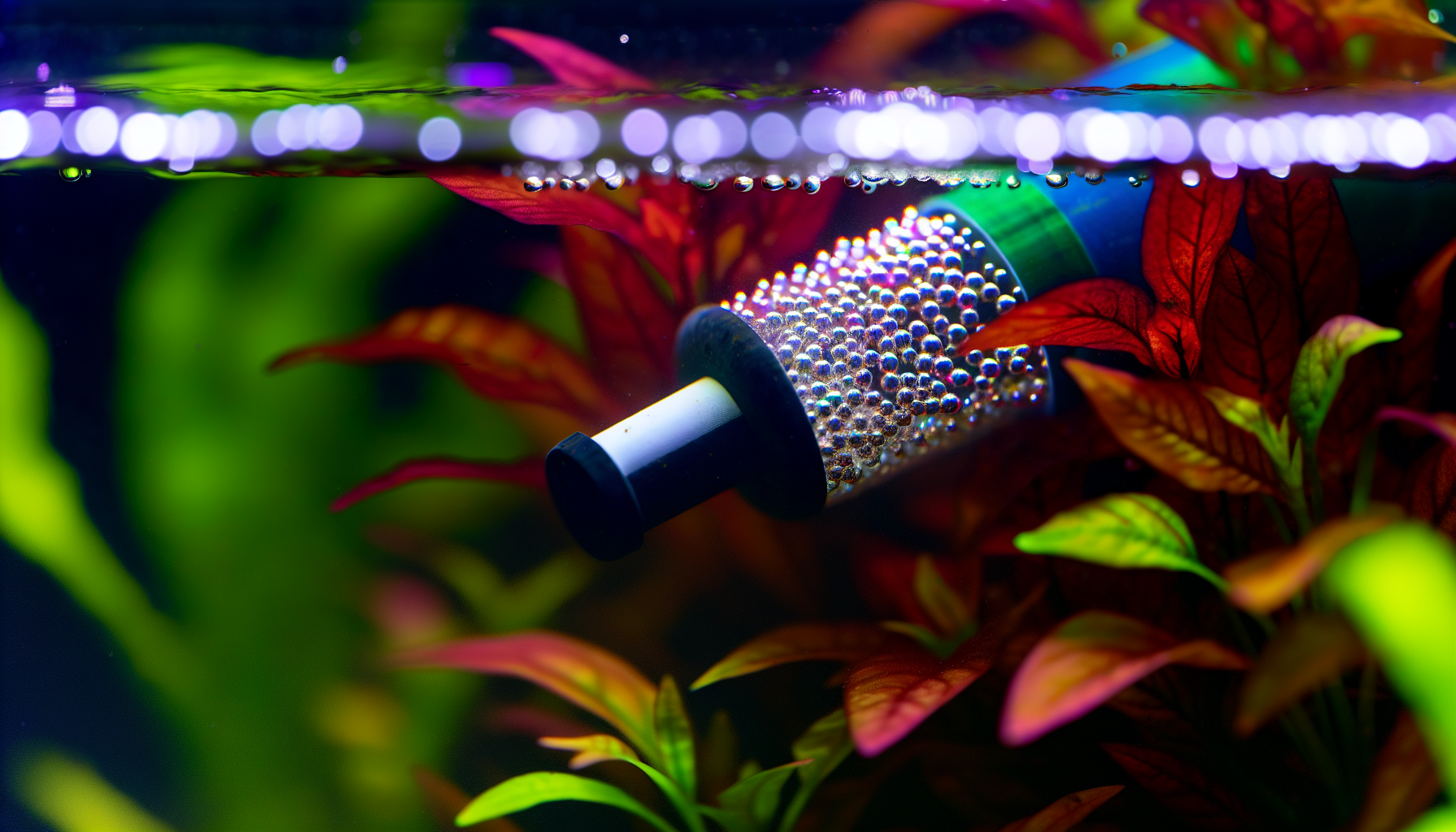 CO2 diffuser releasing bubbles in a planted aquarium