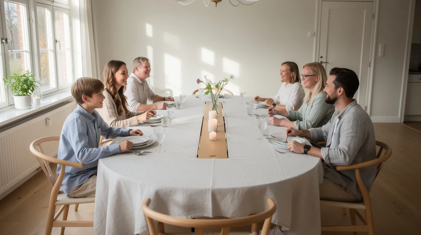 En familj sitter runt ett utdraget ovalt matbord med iläggsskiva, där den ljusa dukningen skapar en elegant känsla. Bordet, som rymmer fyra personer, ger en inbjudande atmosfär för gemenskap i hemmet.