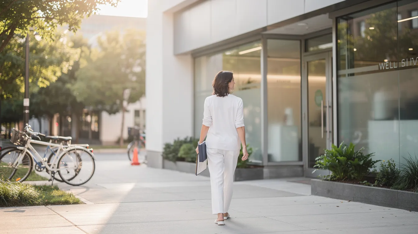 A person is walking outdoors after a wellness appointment, likely reflecting on their medical weight loss program and the personalized weight loss plan they are following. The scene suggests a focus on long-term weight management and overall health, emphasizing the importance of lifestyle changes and ongoing support in their weight loss journey.