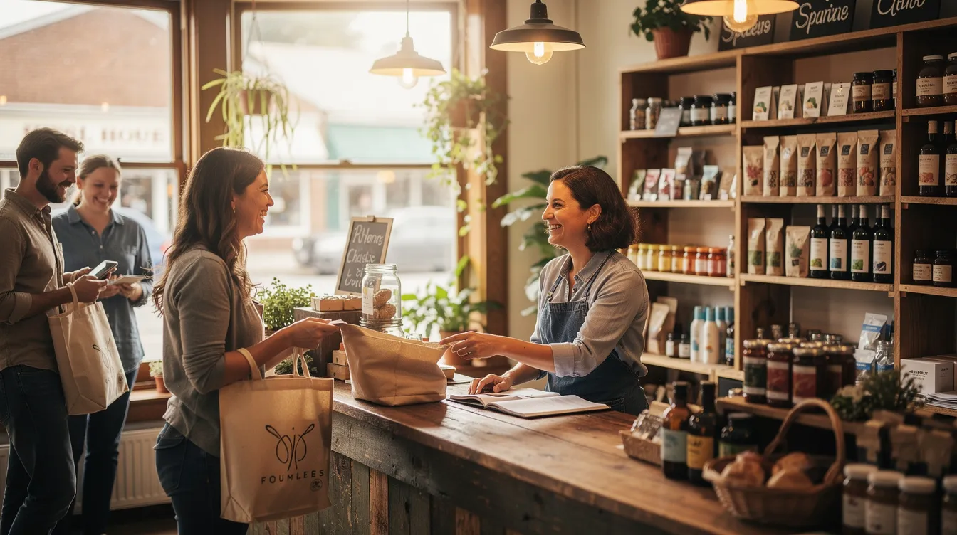 The image depicts happy customers engaging with a friendly small business owner inside a cozy local shop, highlighting the importance of customer engagement for local businesses in Gainesville. This welcoming atmosphere reflects the potential for increased foot traffic and online visibility through effective digital marketing strategies.