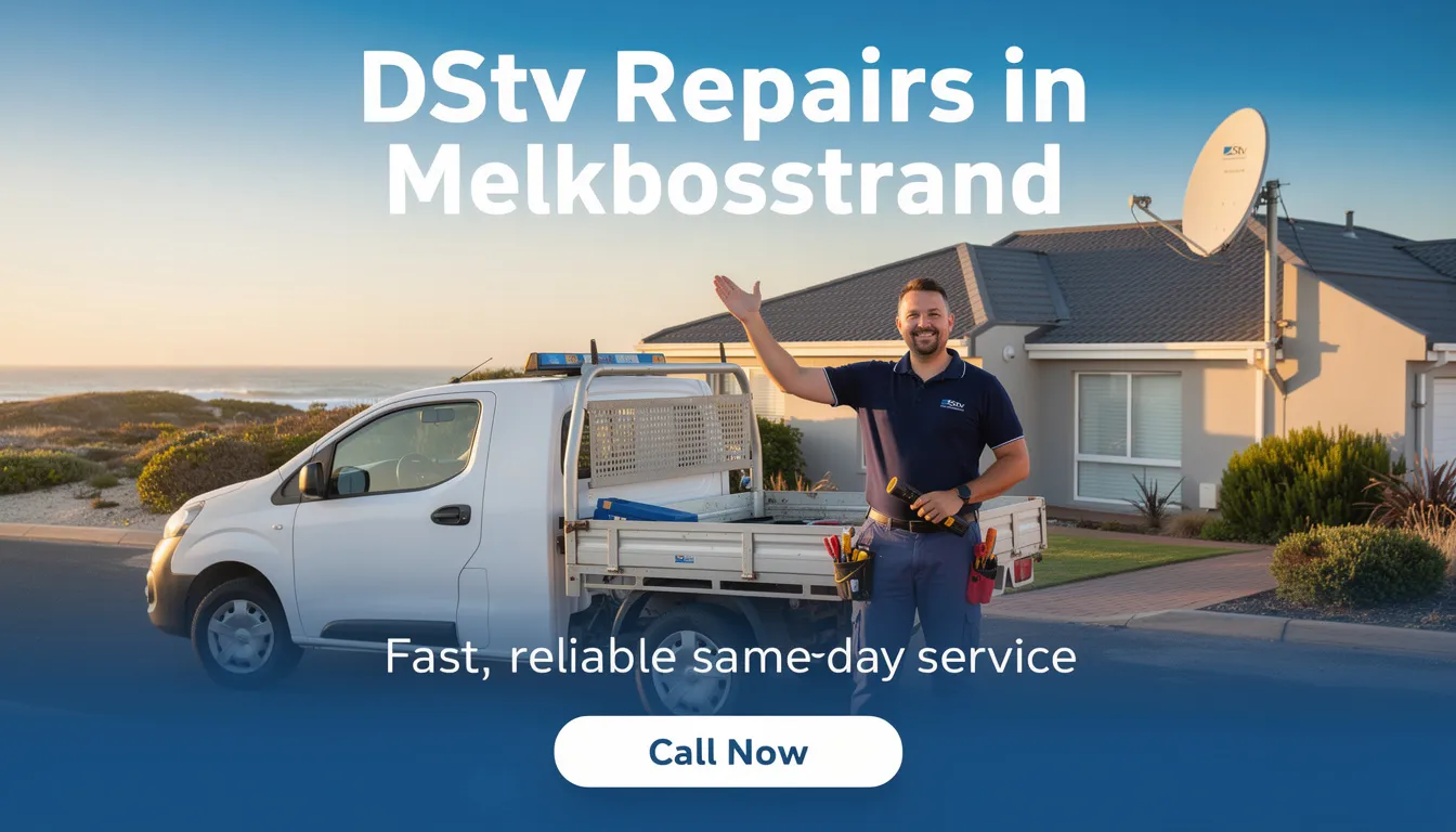The image showcases a team of professional technicians conducting DStv repairs in Melkbosstrand, highlighting their expertise in installation and troubleshooting services. They are focused on ensuring the best reception for customers, demonstrating their commitment to customer satisfaction and efficient service.