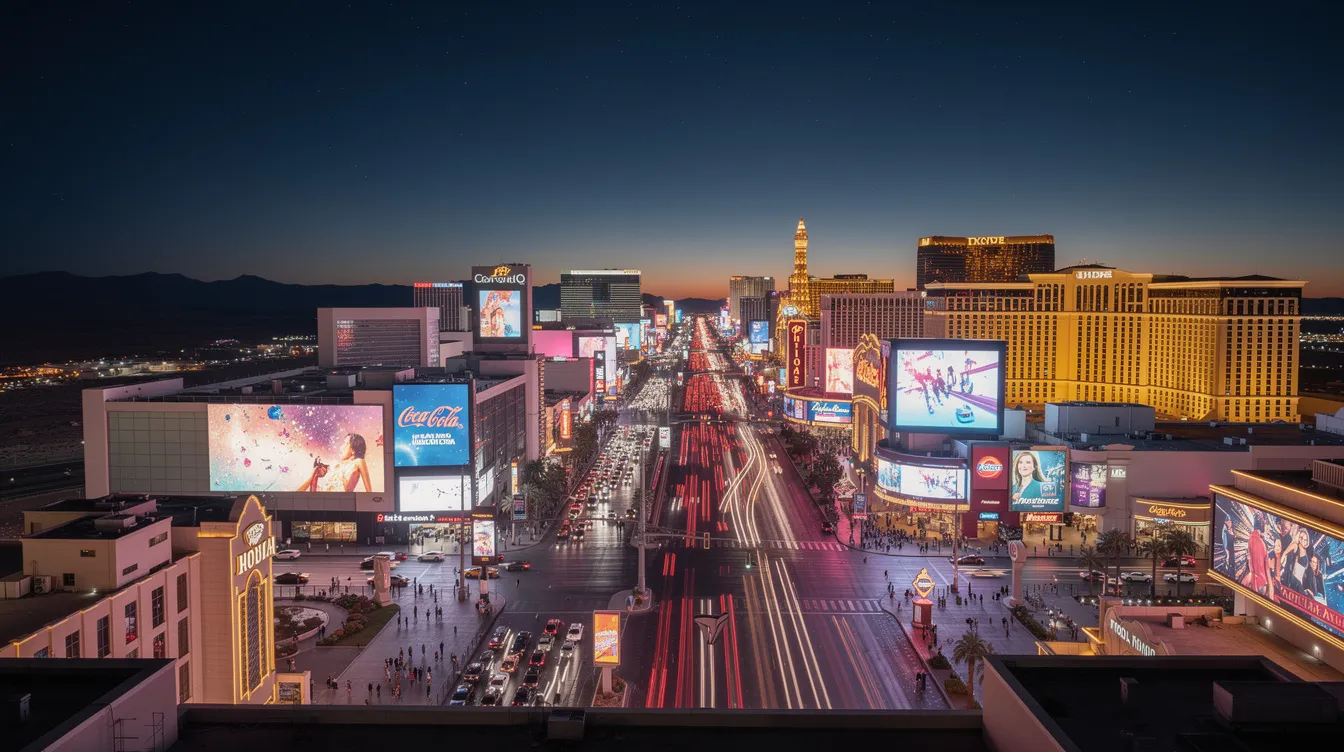 The image captures the vibrant Las Vegas Strip illuminated by colorful neon lights against a backdrop of a deep desert sky at night. This iconic scene showcases the lively atmosphere of Las Vegas, a city where adult use cannabis is legal under Nevada laws, reflecting the evolving legal landscape surrounding cannabis products.