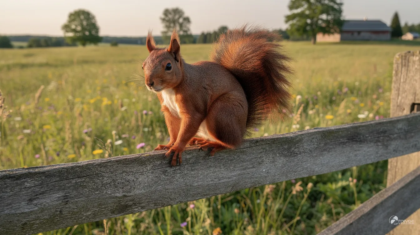 A large reddish-brown squirrel, likely an eastern gray squirrel, is perched on a split-rail fence in a rural Ontario setting, with expansive open fields in the background. This scene captures the essence of wildlife in natural spaces, showcasing the bushy tails and keen eyes of one of the many squirrel species found in the region.