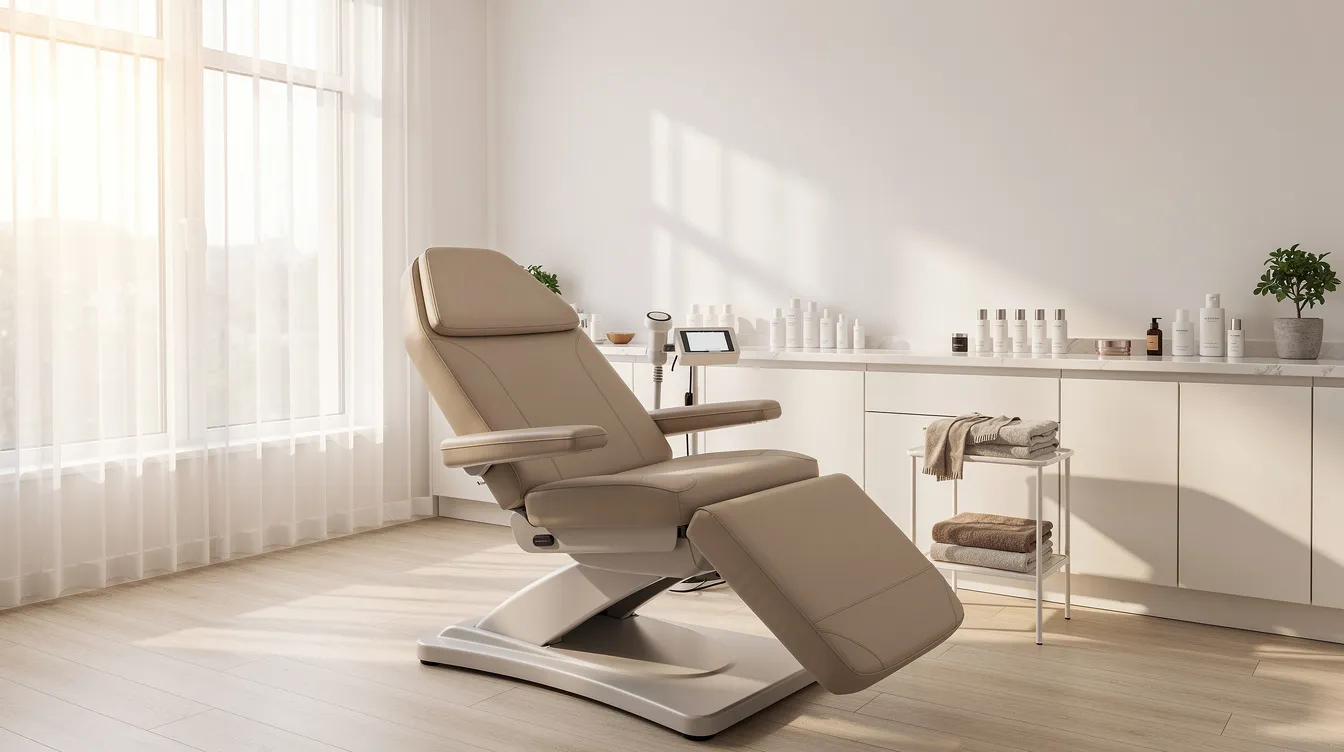 The image depicts a serene aesthetic treatment room featuring a comfortable treatment chair bathed in soft, natural lighting, creating a welcoming atmosphere for dermal filler consultations and facial rejuvenation treatments. This calming environment is ideal for patients seeking to improve skin texture and restore lost volume with FDA-approved dermal fillers.