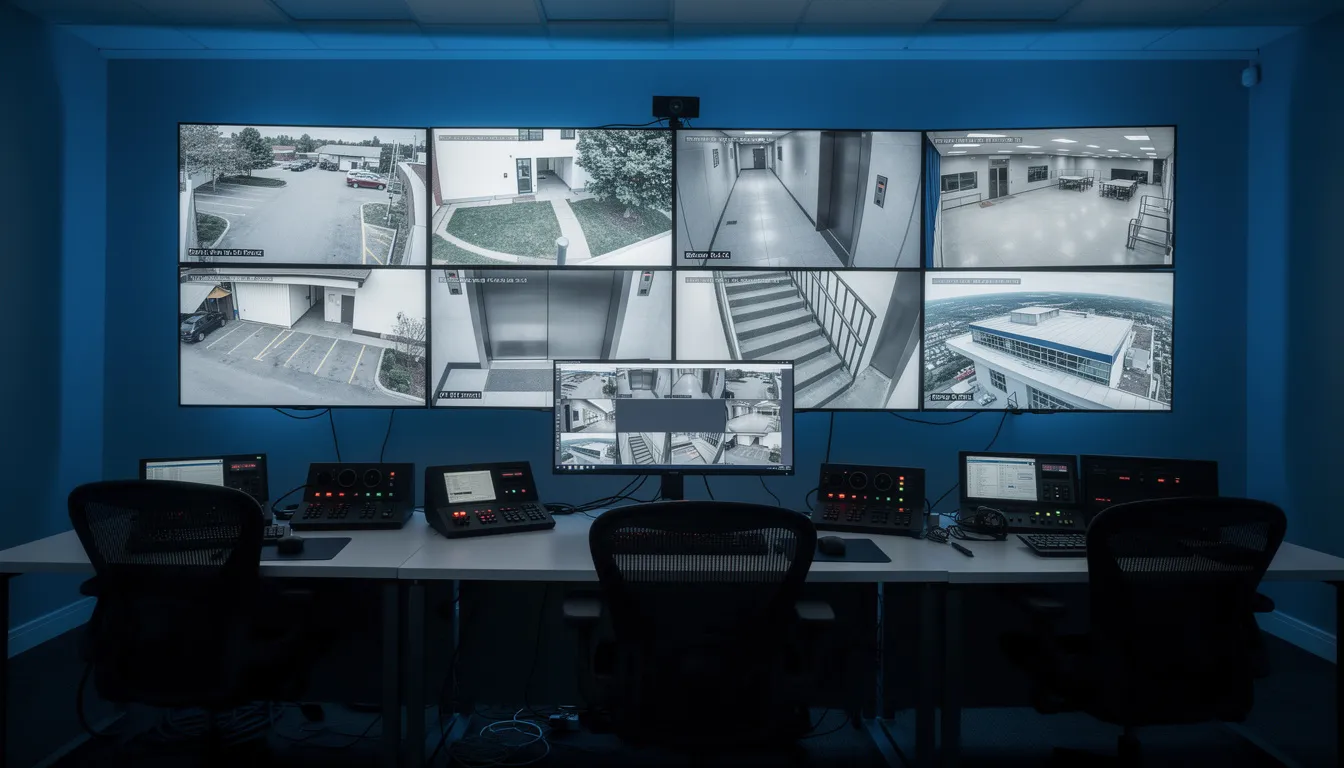 The image depicts a security control room filled with multiple monitors displaying various live video feeds from CCTV cameras, providing real-time surveillance for security management. This setup is essential for safeguarding properties and ensuring a secure environment against emerging security threats.
