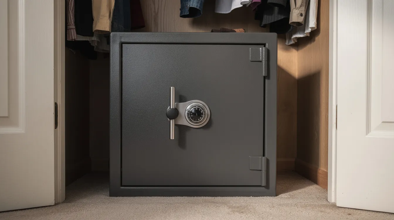 The image depicts a locked gun safe positioned within a home closet, emphasizing the importance of secure firearm ownership in accordance with Pennsylvania law. This safe could be used to store firearms legally, ensuring safety and compliance with regulations such as the Pennsylvania Uniform Firearms Act.