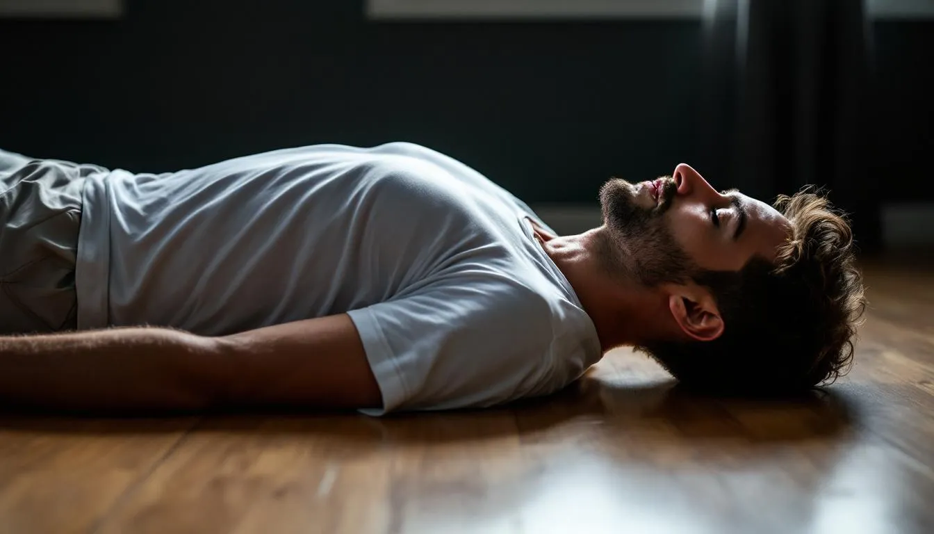 In this image, a person is practicing diaphragmatic breathing exercises while sitting comfortably with their knees bent, hand on their chest, and neck relaxed. The focus is on deep breathing techniques that engage the diaphragm and promote relaxation, helping to reduce stress levels and improve lung function.