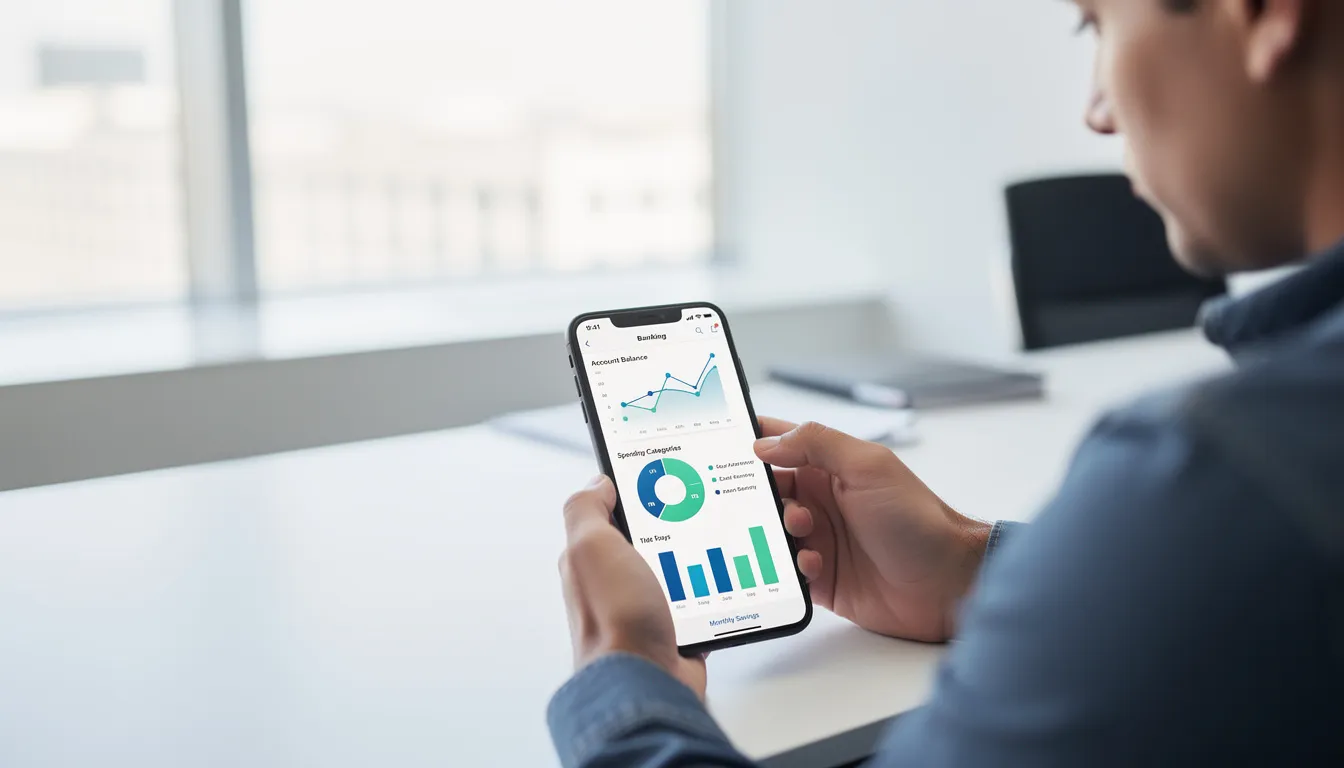 A person is using a smartphone to interact with a digital banking app that displays various data visualizations, highlighting the latest trends in financial technology and innovation. This scene represents the transformation of financial services and the importance of staying informed about industry developments.