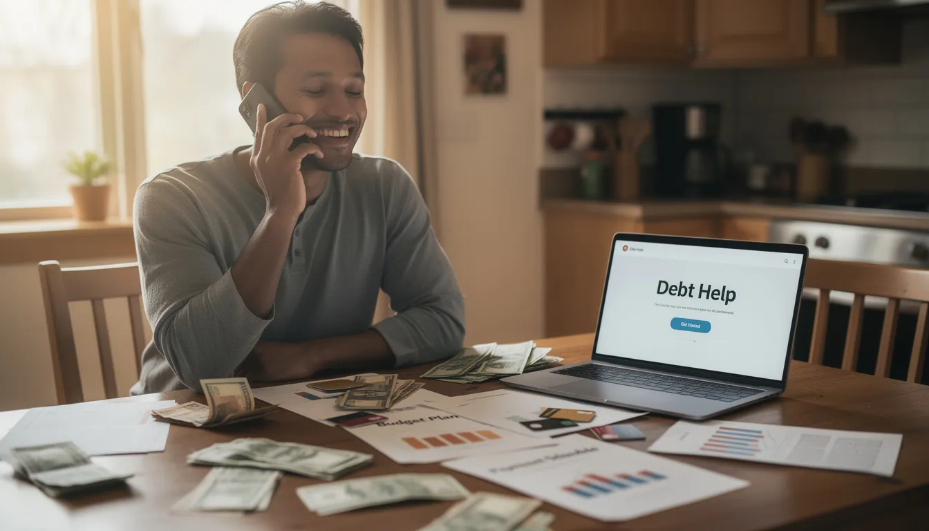 The image depicts a person sitting at a desk, looking stressed while surrounded by bills and financial documents, symbolizing the emotional toll of managing debt. It highlights the importance of seeking assistance and financial counselling to address issues like credit card debts and financial difficulties, which can significantly affect both mental and physical health.