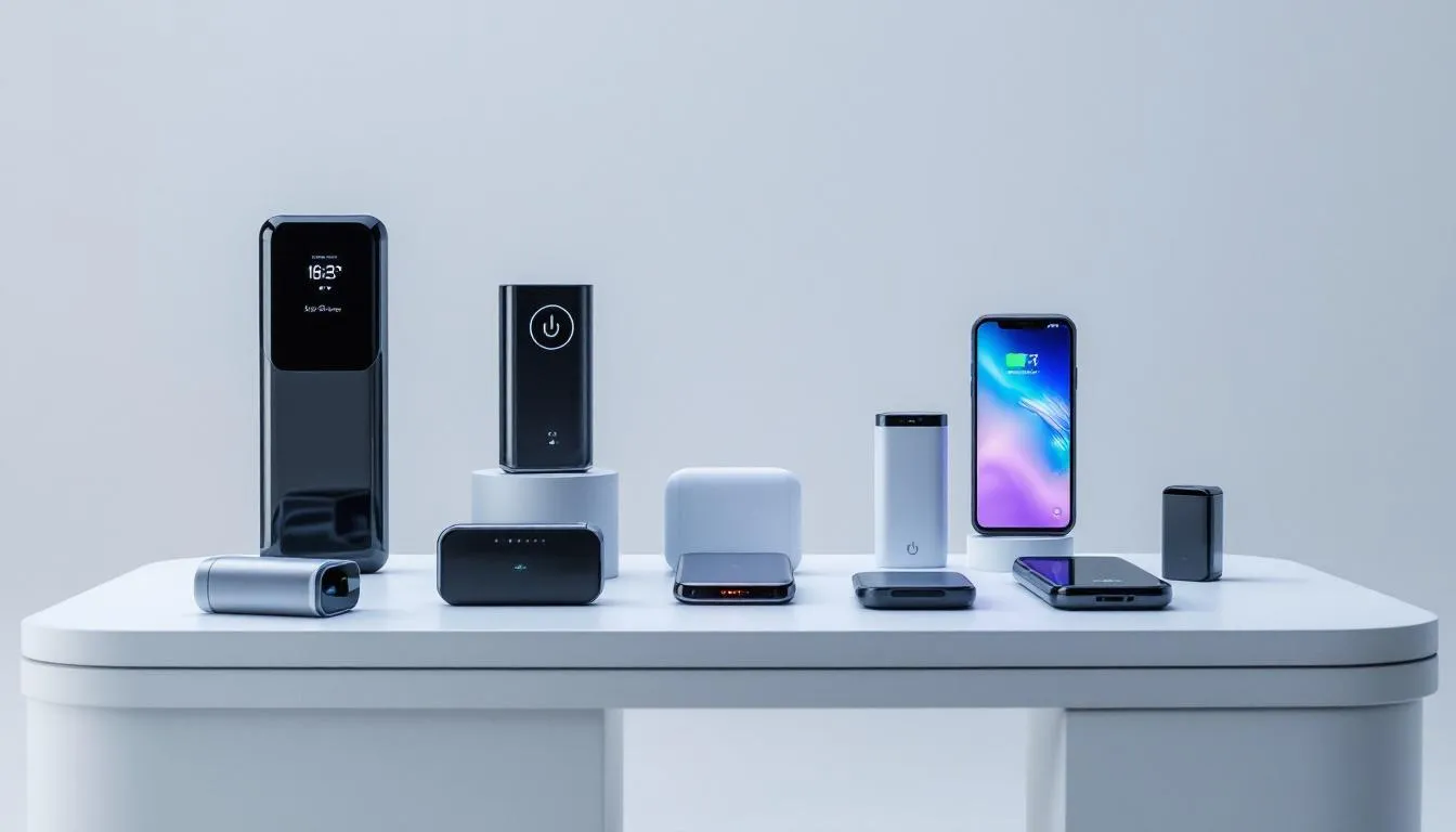 Die Abbildung zeigt verschiedene Modelle von mobilen Ladegeräten mit unterschiedlichen Kapazitäten, darunter ein 20.000 mAh Akku, die für das Aufladen von Smartphones, Tablets und Laptops geeignet sind. Es sind USB-C und USB-A Anschlüsse sichtbar, die eine schnelle Ladegeschwindigkeit und vielseitige Nutzung ermöglichen.