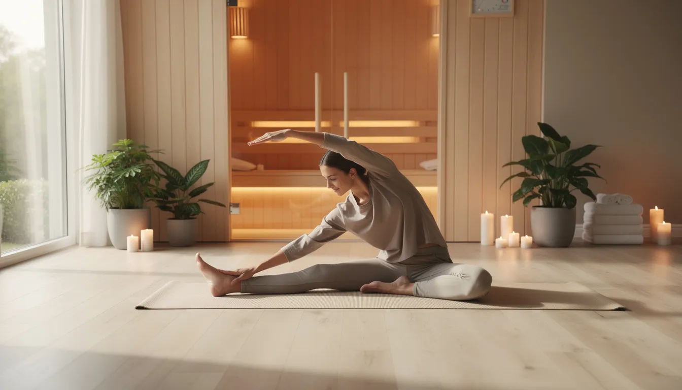 A person is gently stretching in a serene wellness room, with an infrared sauna in the background, highlighting the therapeutic benefits of infrared sauna therapy and promoting relaxation and stress reduction. The peaceful environment suggests a focus on health and wellness, ideal for enhancing muscle recovery and improving circulation.