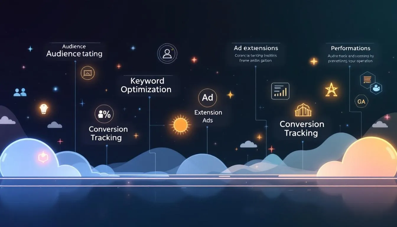 Key components of effective Google Ads campaigns for tour operators, illustrated with relevant graphics.