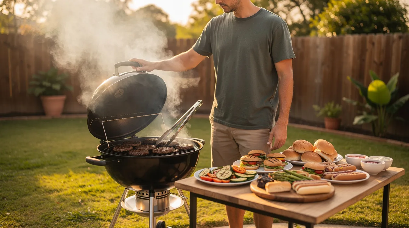 A person is grilling at a backyard party, with smoke rising from the barbecue and plates of delicious food arranged on a nearby prep table. The scene captures the essence of outdoor gatherings, perfect for summer celebrations with friends and family.