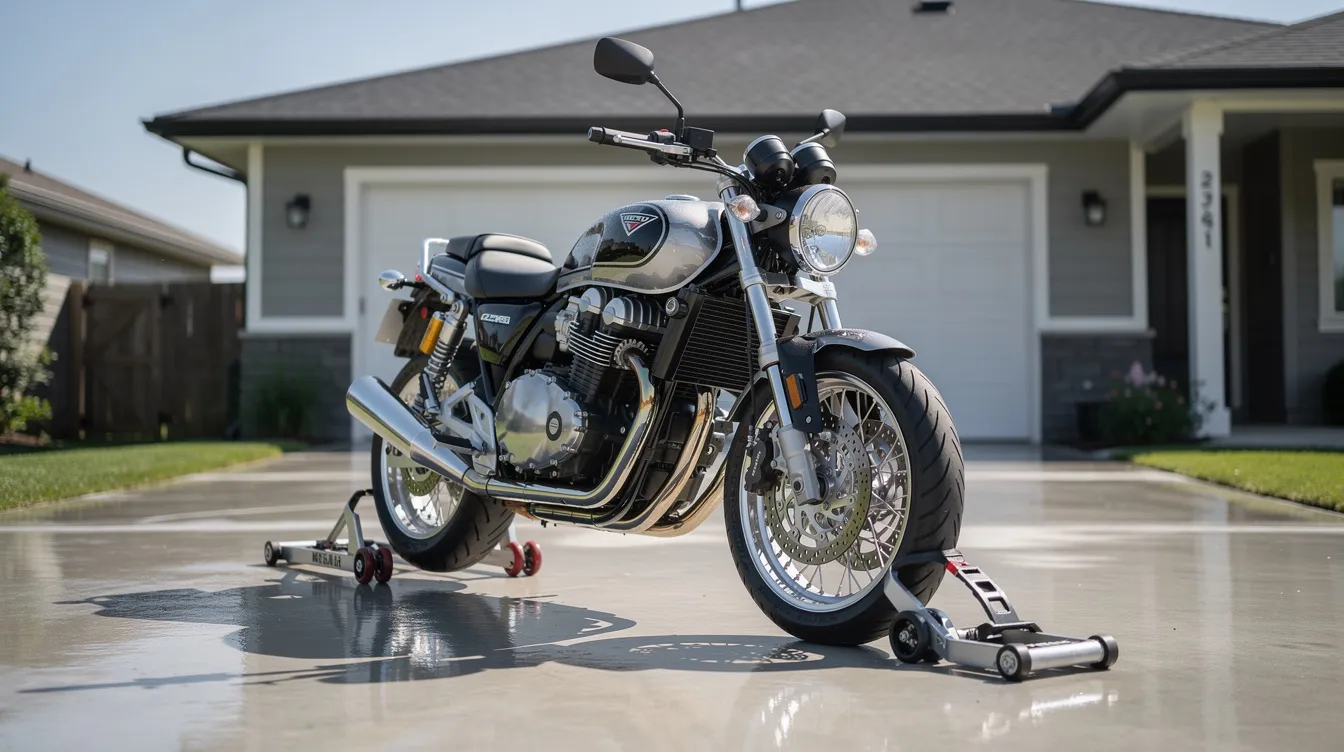 A clean motorcycle is positioned on a driveway, ready for transport, showcasing its shiny exterior and well-maintained condition. This image reflects the readiness for motorcycle shipping services, emphasizing the importance of proper preparation for safe motorcycle transport.