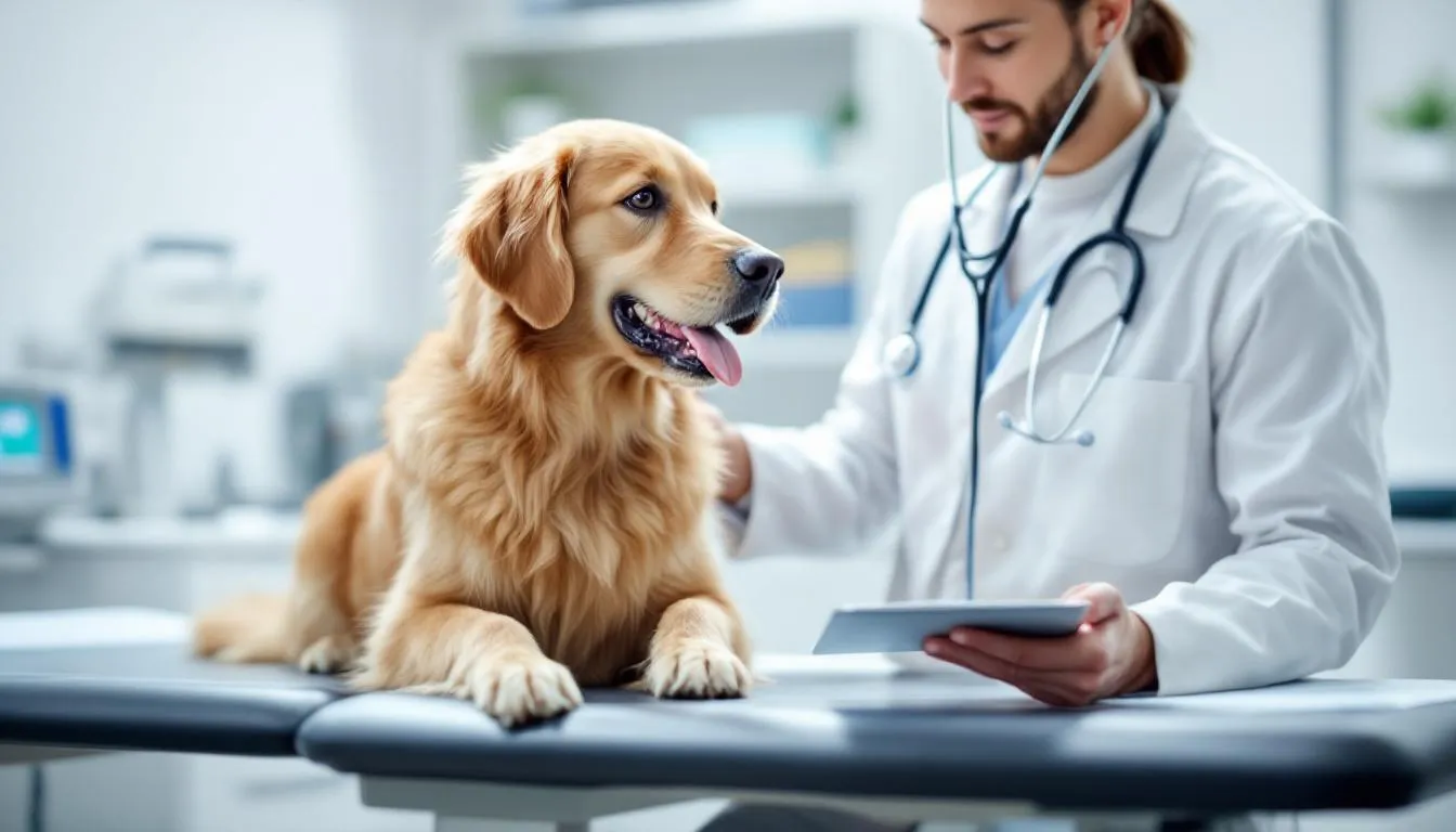 A veterinarian is examining a golden retriever with a stethoscope during a routine health check, listening for any abnormal heart sounds that could indicate conditions like heart murmurs or underlying heart disease. The dog appears calm as the vet assesses its heart health, ensuring proper blood flow and overall well-being.