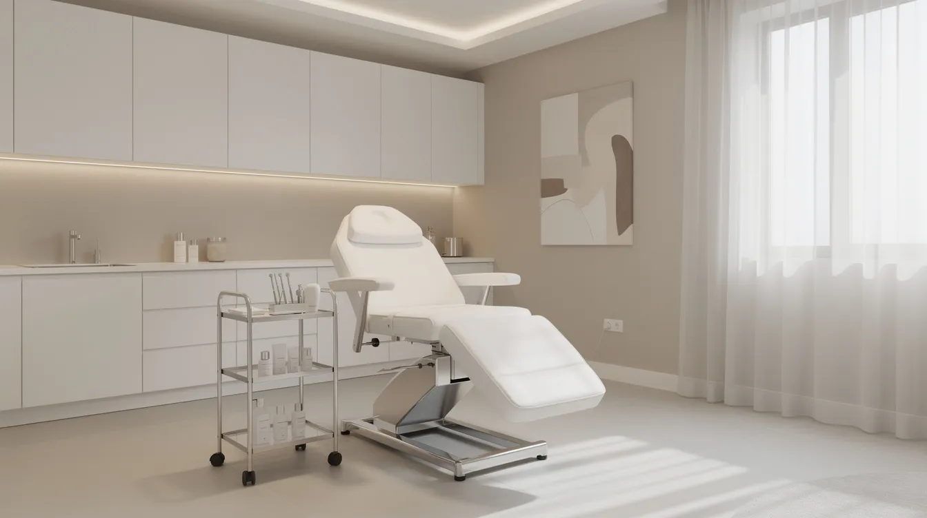 The image depicts a modern medical treatment room designed for non-surgical aesthetic procedures, featuring a comfortable procedure chair and soft ambient lighting, ideal for treatments like liquid BBL and other non-surgical butt lift options. This inviting environment emphasizes minimal downtime and the expertise of qualified medical professionals in delivering natural-looking results.