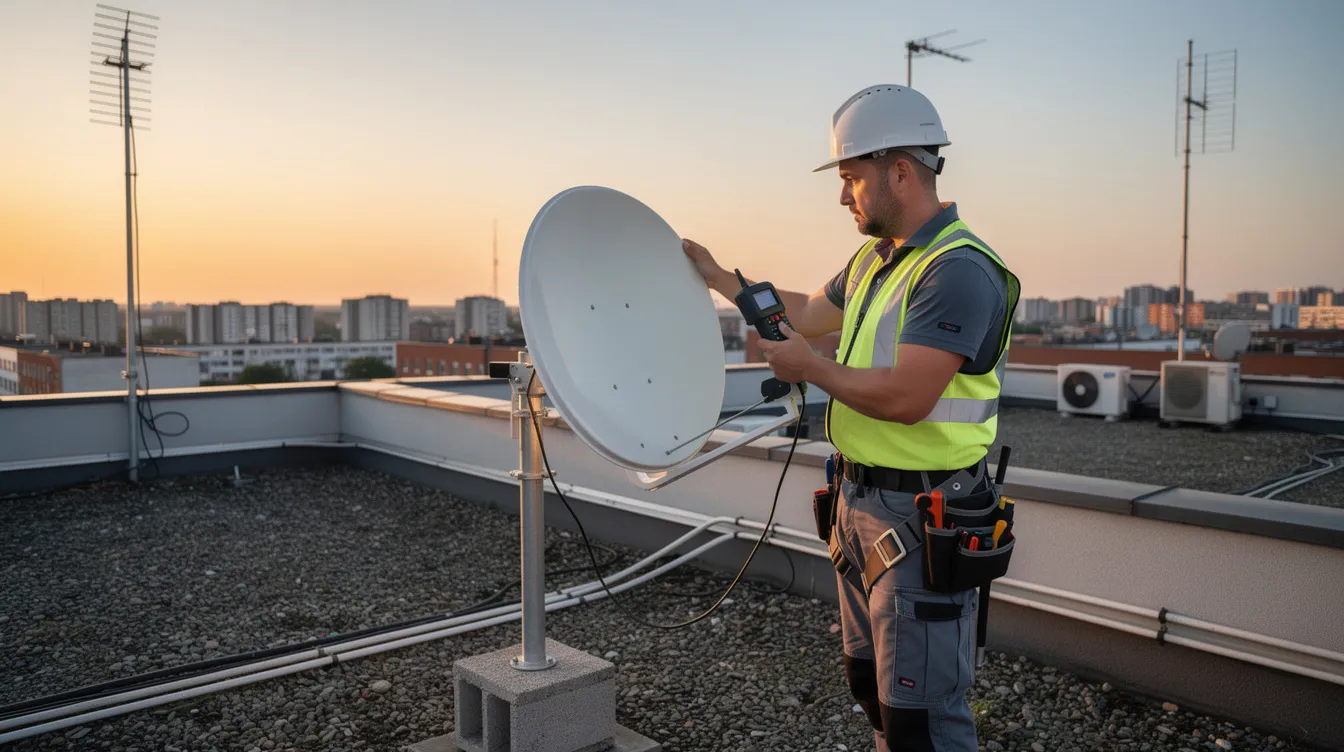 A technician is adjusting a satellite dish on an apartment rooftop, using a signal meter to ensure optimal alignment for the best signal quality. This professional DSTV installation service in Sea Point highlights the skilled technicians dedicated to providing exceptional service and customer satisfaction.