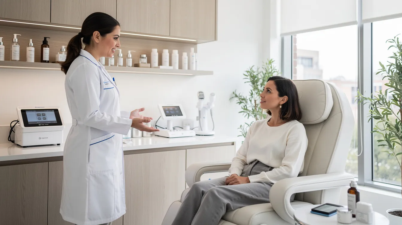 In a bright medspa office, a patient sits comfortably while consulting with a physician who is gesturing toward measurement tools related to non surgical fat reduction treatments. The environment suggests a focus on body contouring and fat reduction options to eliminate stubborn fat pockets and achieve desired results.