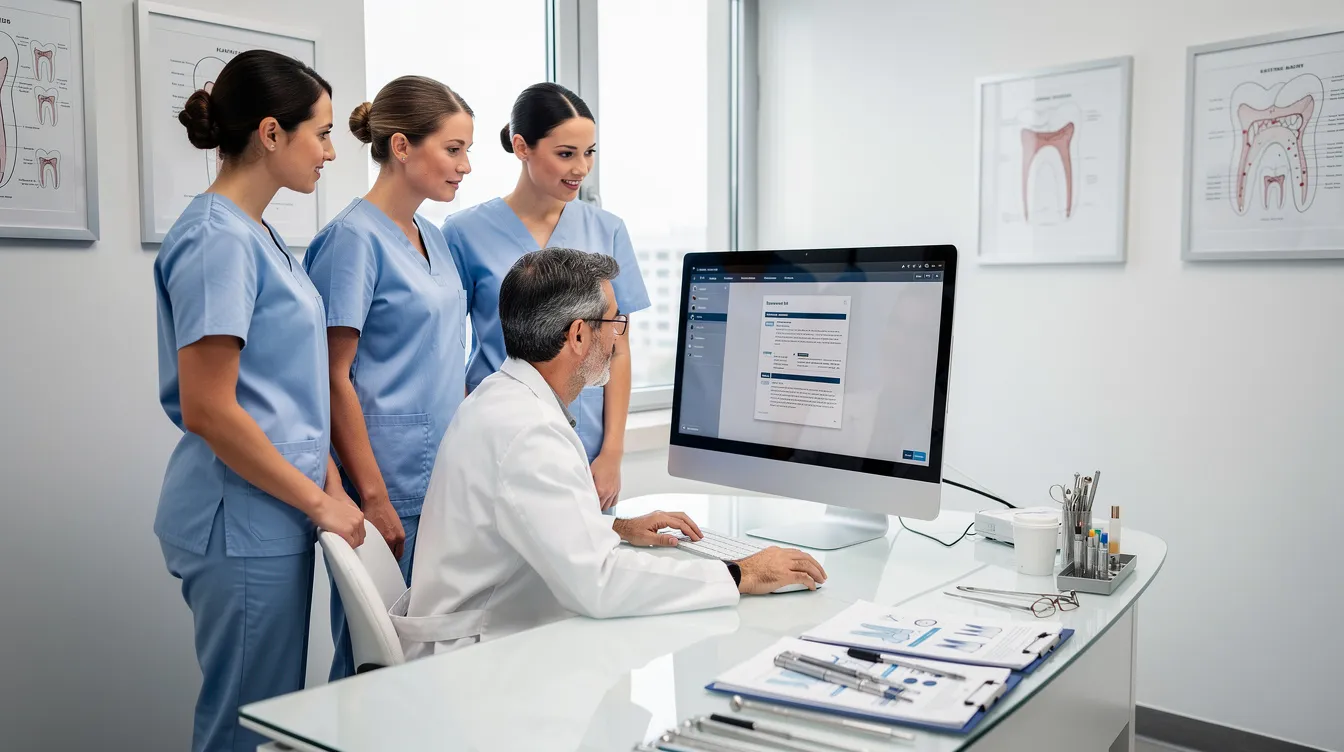 A dental office team is gathered around a computer workstation, reviewing documents related to dental procedures and billing. They are focused on ensuring accurate dental coding and proper documentation for claims, including the ADA dental claim form and current dental terminology codes.