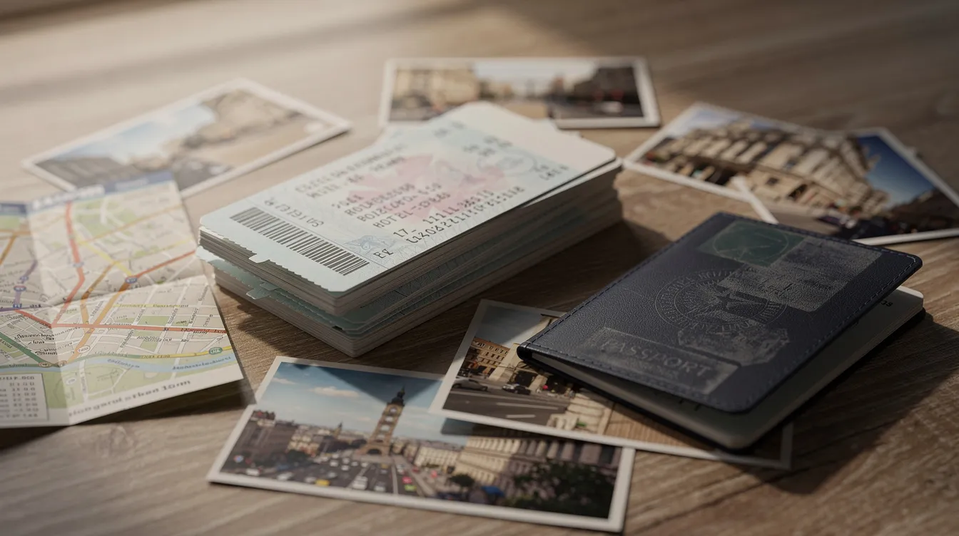 A stack of travel documents, including a passport and photographs, is neatly arranged on a desk, ready for the application process for a Japan visa. Essential items such as the completed visa application form and other required documents are visible, suggesting preparation for a trip to Japan.