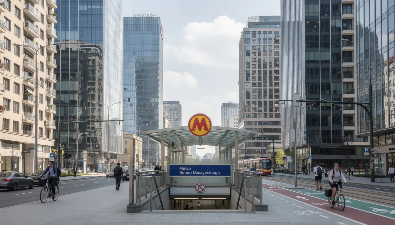 Na zdjęciu widoczne są nowoczesne wieżowce biurowe i apartamentowce w dzielnicy Wola, z widokiem na stację metra. To dynamicznie rozwijająca się część Warszawy, znana z bogatej infrastruktury i doskonałej lokalizacji, idealna dla osób szukających mieszkań lub biur do wynajmu.