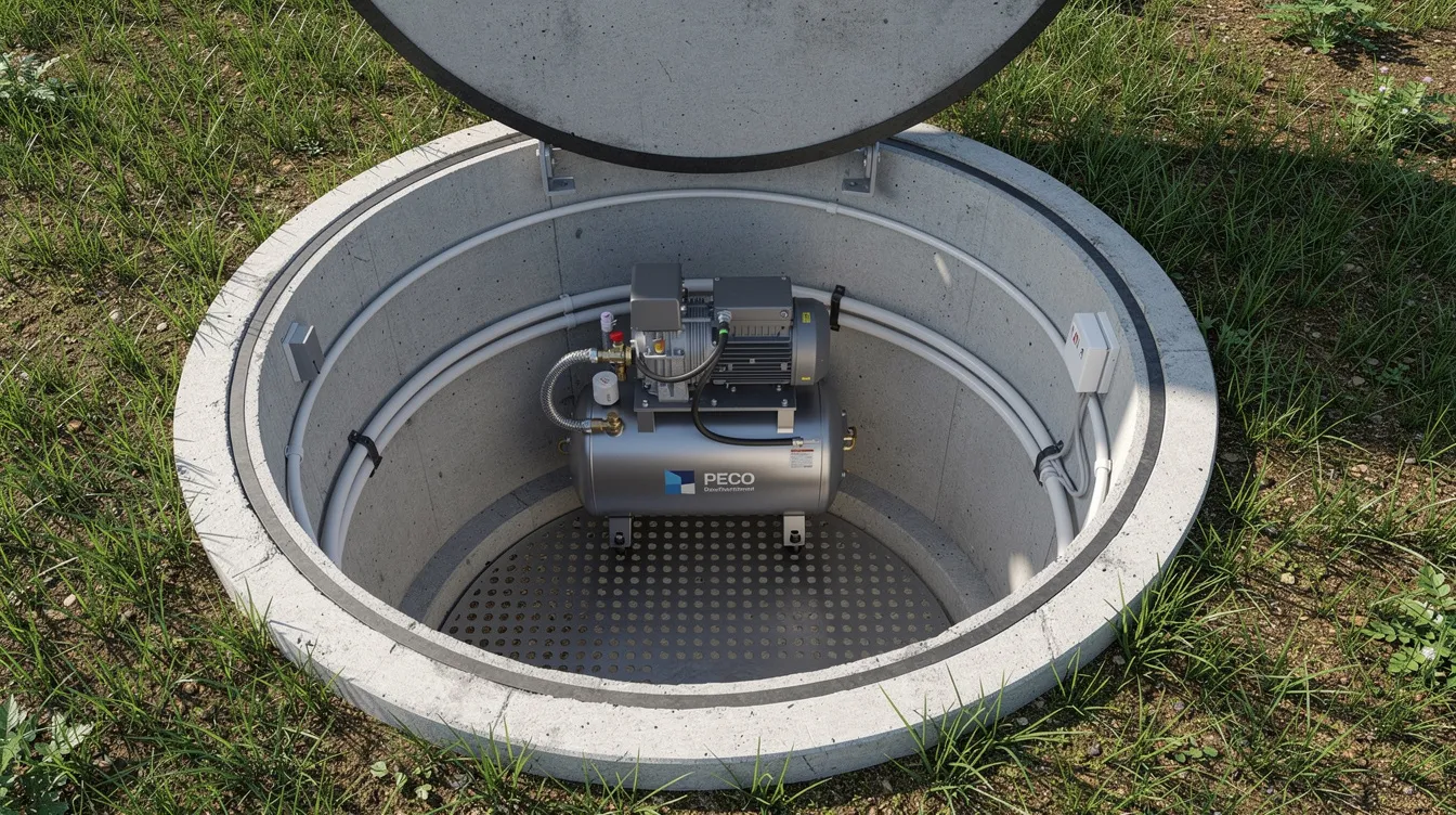 L'image montre un compresseur d'air installé dans un regard technique en extérieur, destiné à une micro station d'épuration pour le traitement des eaux usées. Ce dispositif fait partie d'une solution technique pour l'assainissement non collectif, conforme aux réglementations en vigueur.