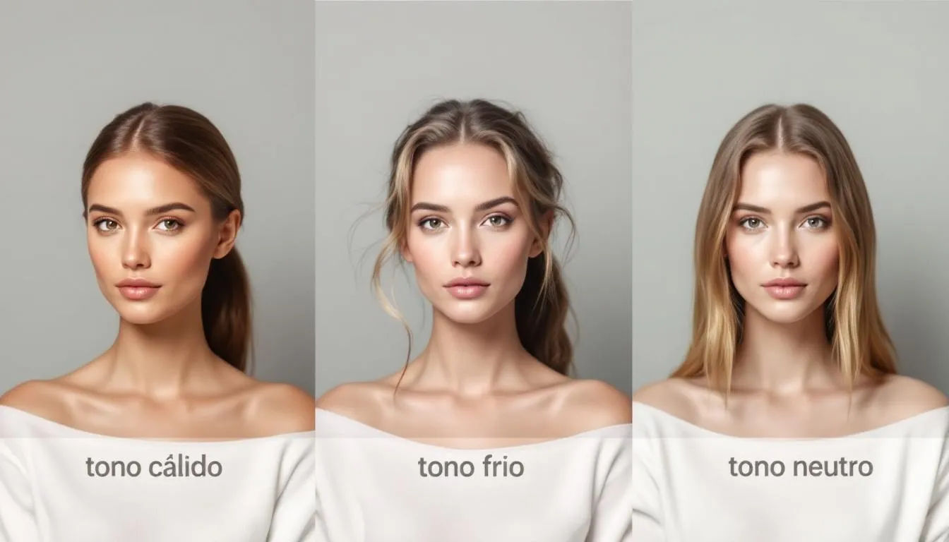 En la imagen se muestra una comparación visual de tonos de piel cálidos, fríos y neutros, acompañada de ejemplos de productos de maquillaje que se adaptan a cada tipo de tono. La paleta incluye tonalidades que reflejan la teoría del color, ayudando a los clientes a elegir los colores complementarios adecuados para su belleza.