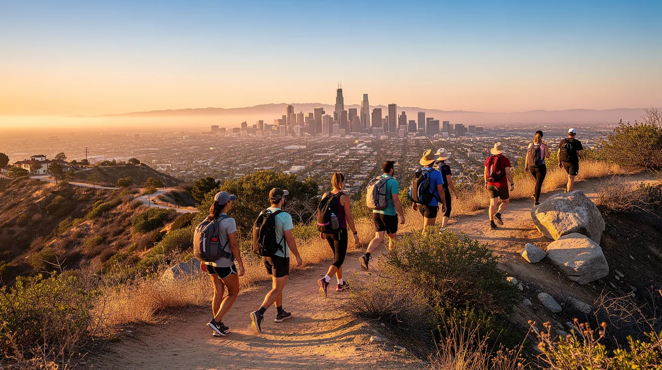 A group of people is hiking along a scenic trail with breathtaking views of the Los Angeles skyline in the background. This outdoor activity offers a relaxed environment, perfect for meeting new people and enjoying the dating scene in LA.