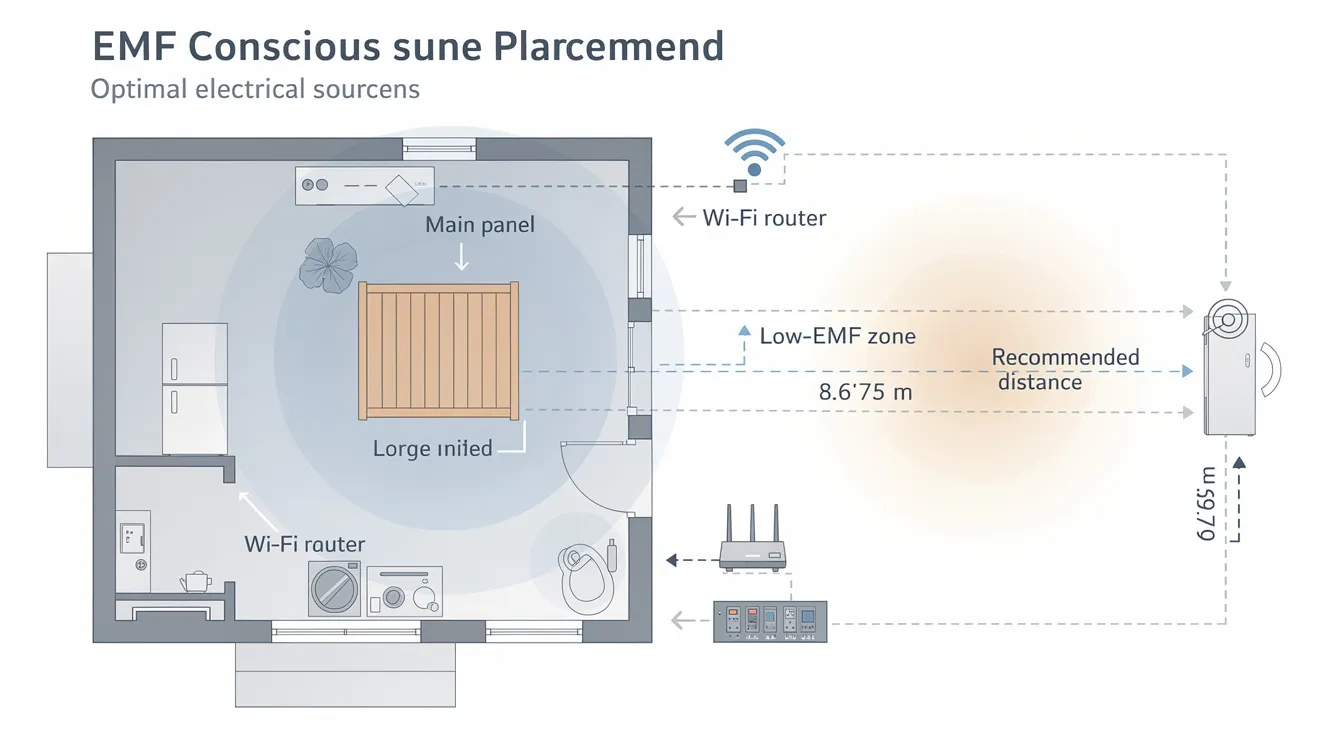 The image depicts a diagram illustrating the optimal placement of an emf shielding sauna in relation to various electrical sources, emphasizing the importance of distance to reduce emf exposure. It highlights the benefits of low emf infrared saunas for health, including muscle relaxation and improved circulation.