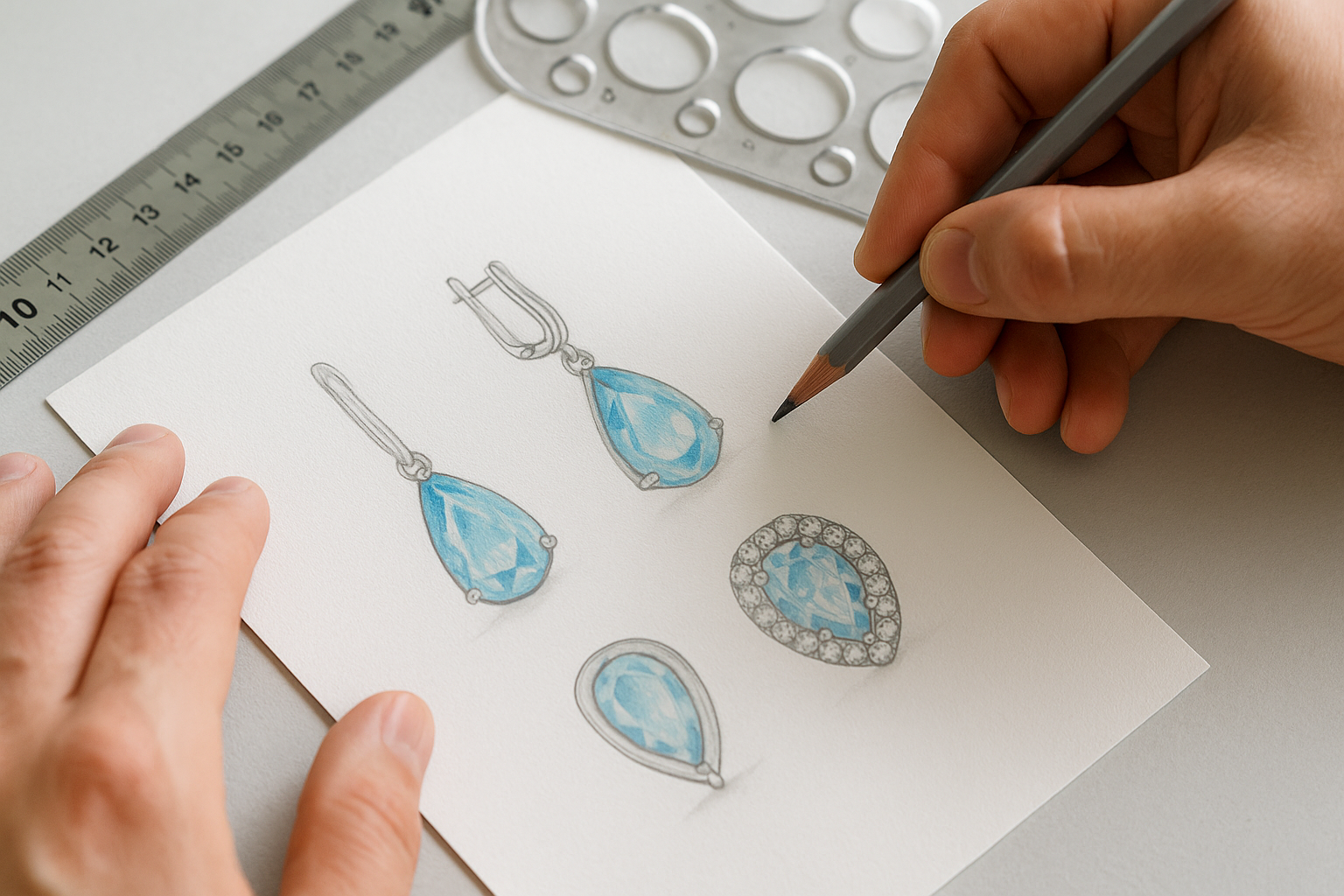 Juvelyras piešia auskarų su lašo formos mėlynais topazais eskizą ant baltos popieriaus tekstūros, naudodamas pieštuką ir braižymo įrankius.