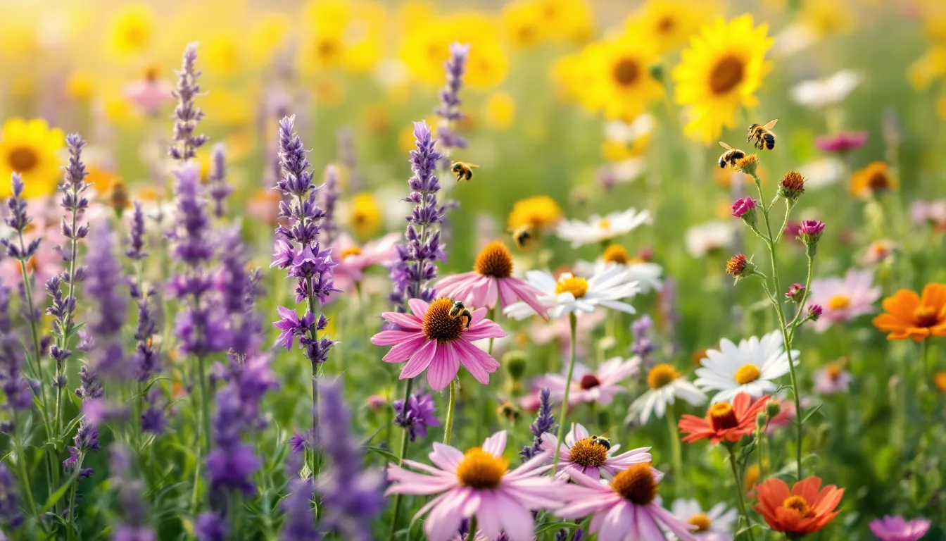 Wydajność miodowa różnych roślin. Obrazek przedstawia pszczoły pracujące na kwiatach.