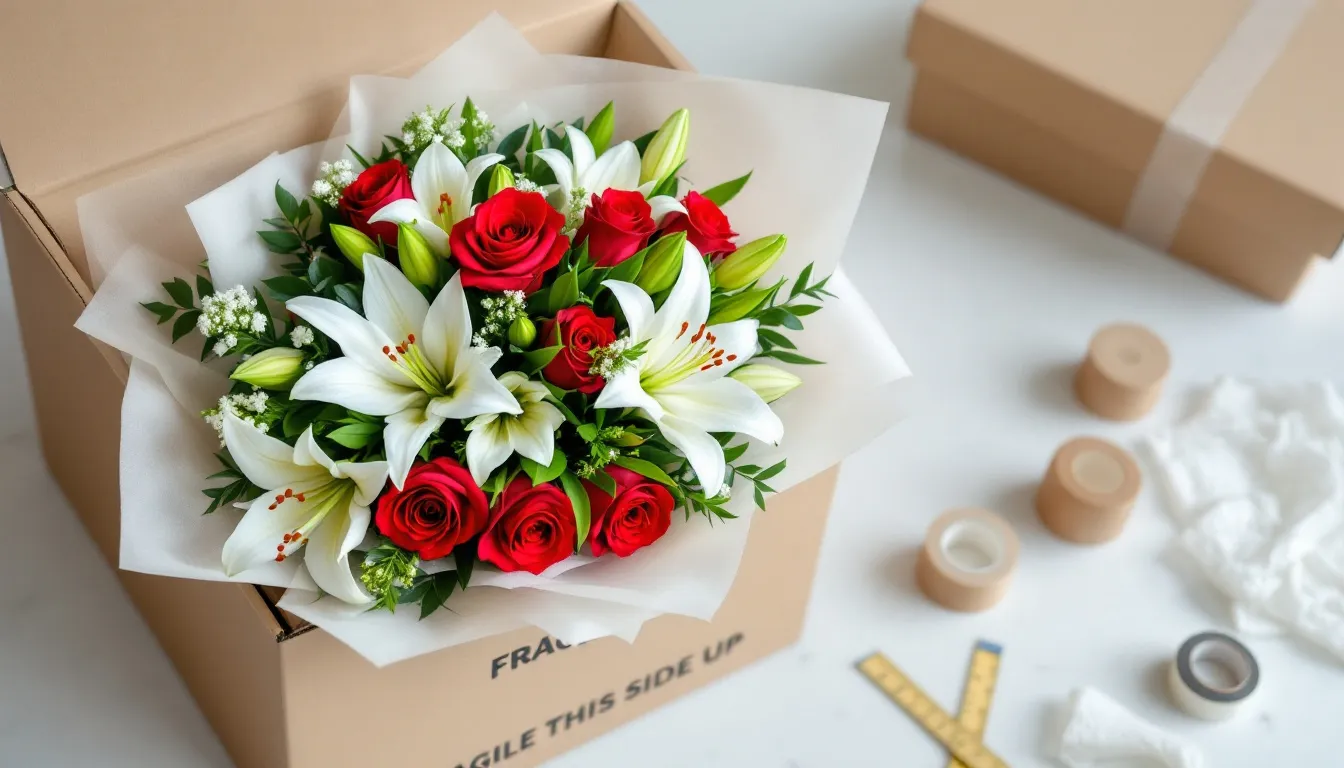 In the image, fresh flowers are being carefully packed for air travel, surrounded by damp paper towels and wrapped in plastic to ensure they remain fresh during the journey. This preparation highlights the importance of following airline policies for carrying flowers on international flights.